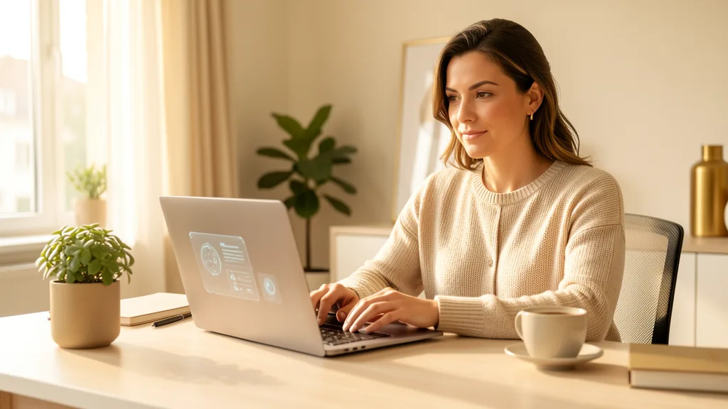 Small business owner using affordable AI tools on laptop in modern workspace