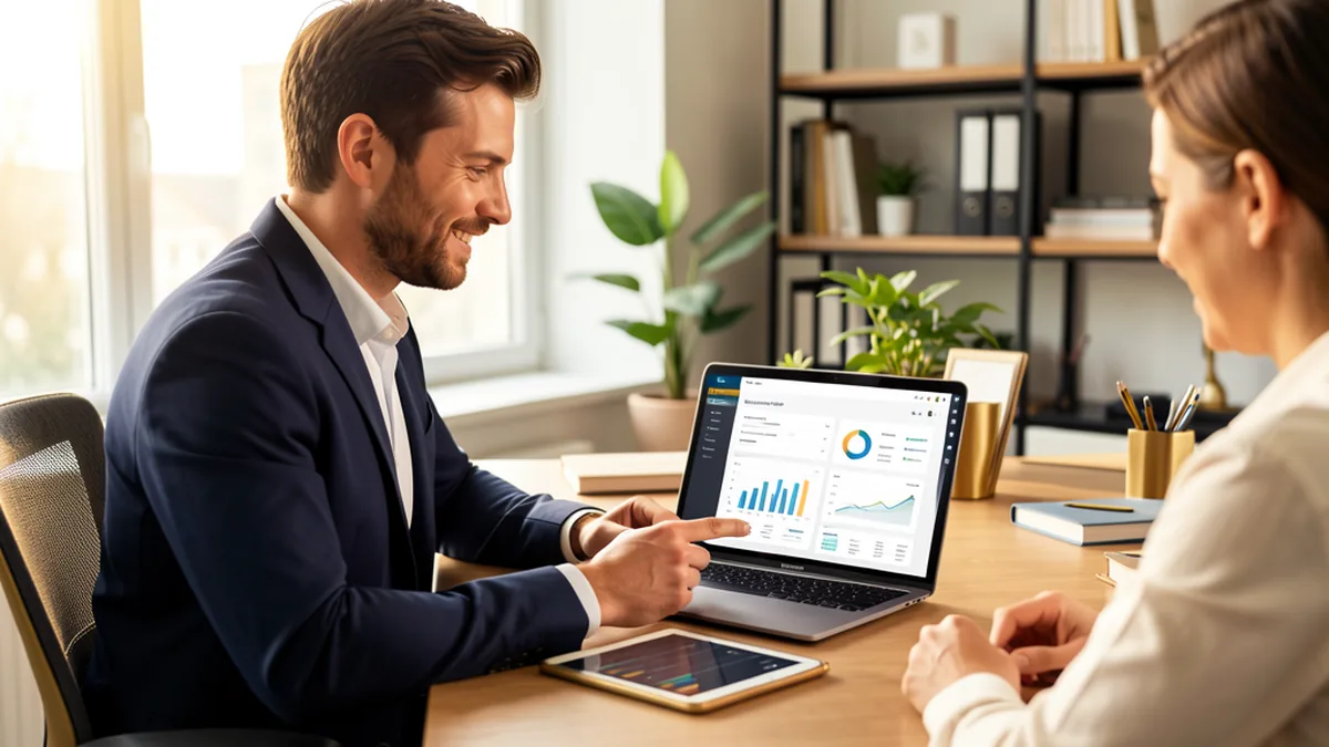Small business owner and advisor reviewing an AI business planning dashboard