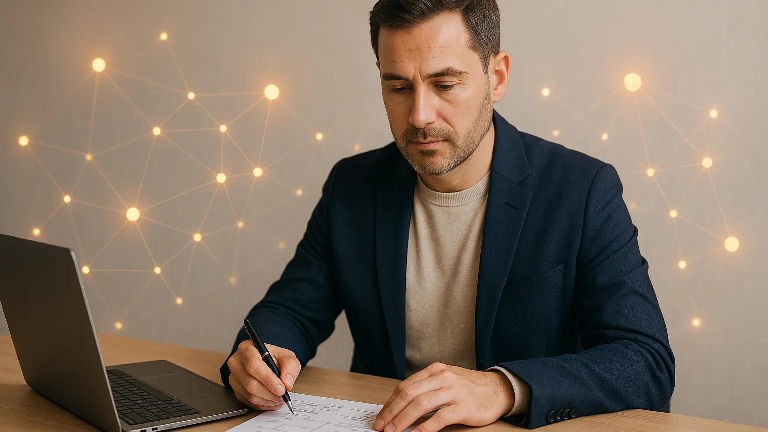 Small business owner planning AI-assisted computer work automation at a desk