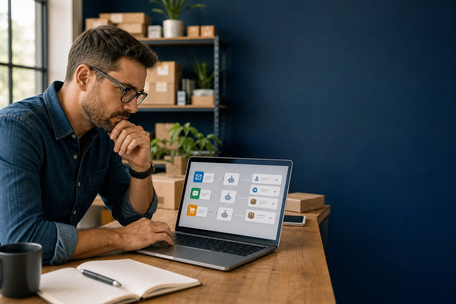 Small business owner reviewing AI workflow dashboard on laptop