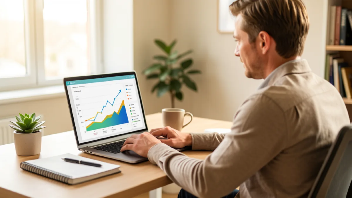 Small business owner reviewing AI-powered analytics dashboard with positive growth metrics