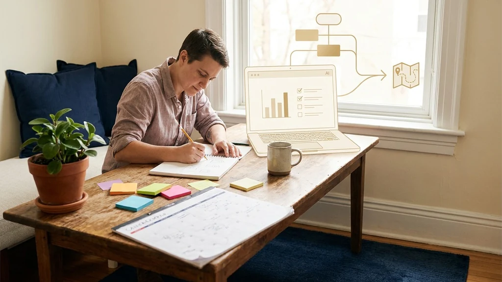 Small business owners reviewing an AI strategy plan on a laptop