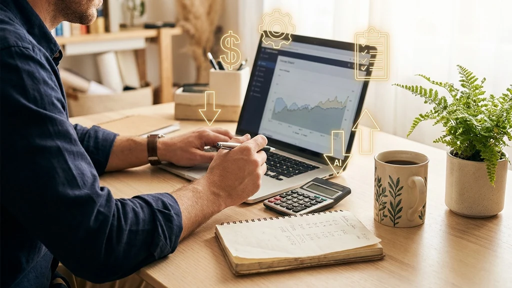 Small business owner reviewing AI tools and budget savings