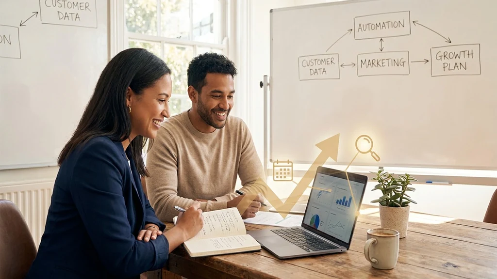 Small business owner planning AI growth workflows