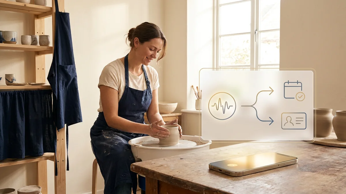 AI receptionist handling calls and bookings while a small business owner works