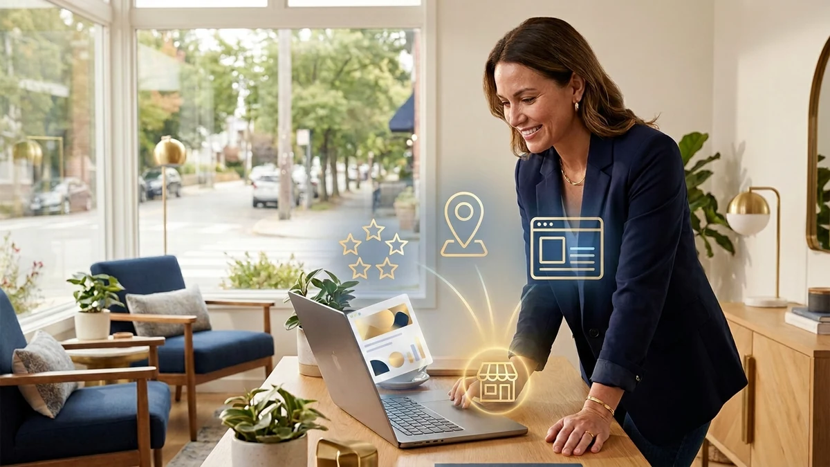 Small business owner improving reviews, location data, and website content for AI recommendations