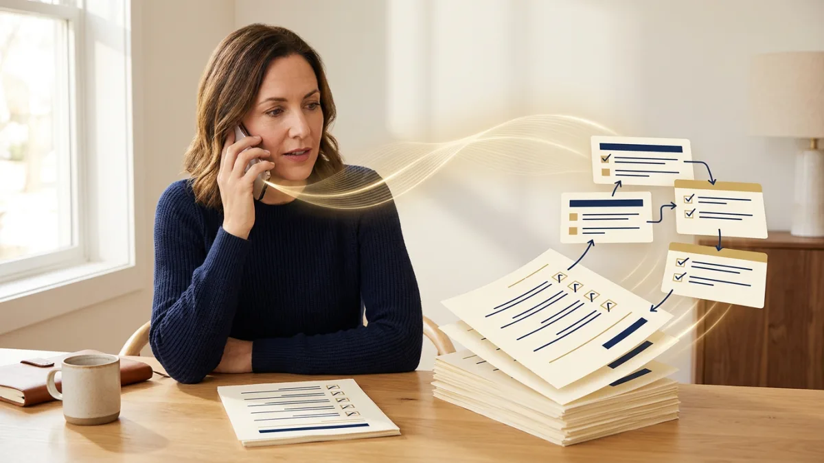 Small business owner using a voice recording to create organized SOP checklists with AI