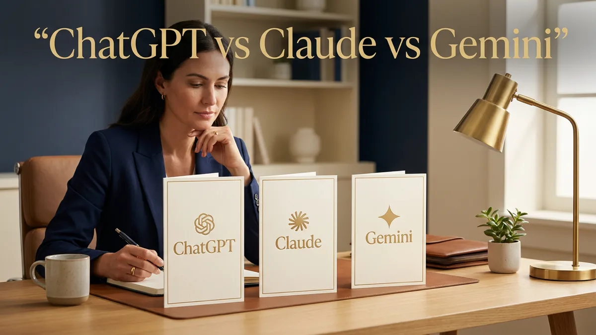 Small business owner comparing ChatGPT, Claude, and Gemini AI assistants
