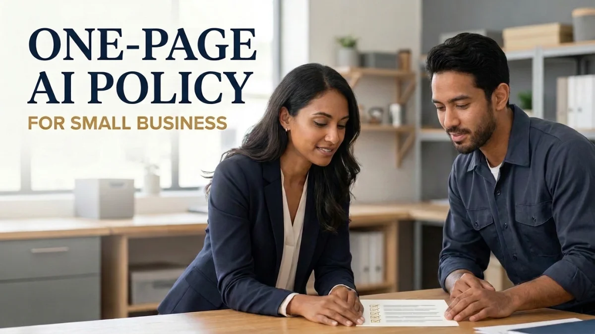 Two small business coworkers reviewing an AI policy laid flat on a desk