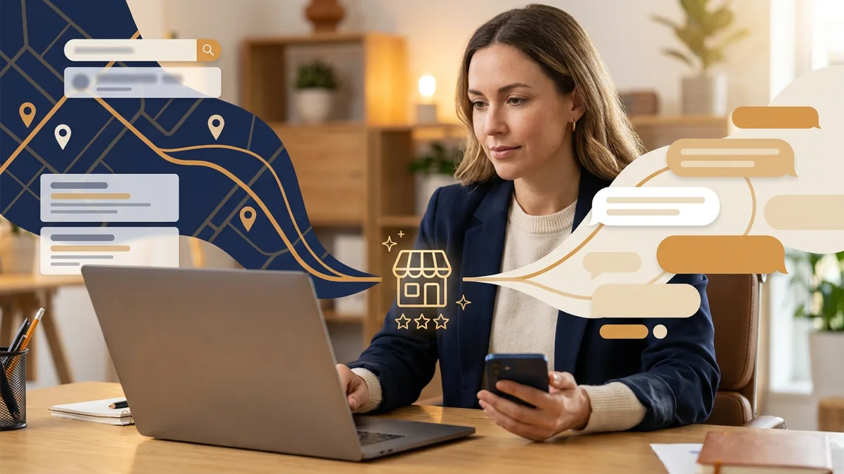 Small business owner comparing conversational AI recommendations with local map search results