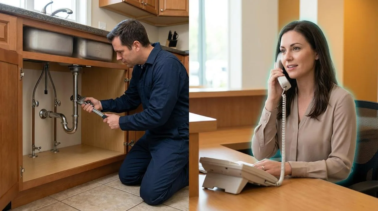 Small business technician working while an AI receptionist answers customer calls