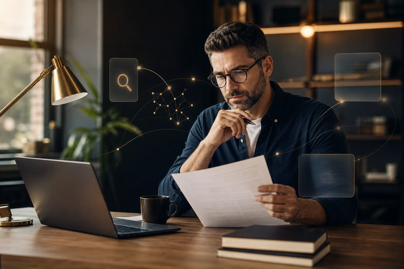 Small business owner reviewing AI-assisted content and search research at a desk